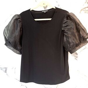 Adrianna Papell Elegant Black Sheer Puff Sleeve Blouse